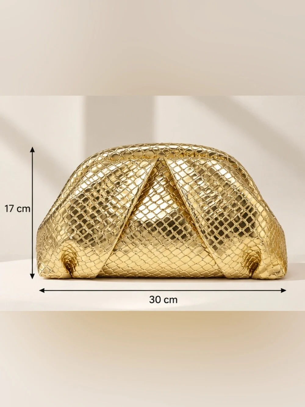 Gold Woven Leather Pouch Clutch Sculptural Evening Handbag